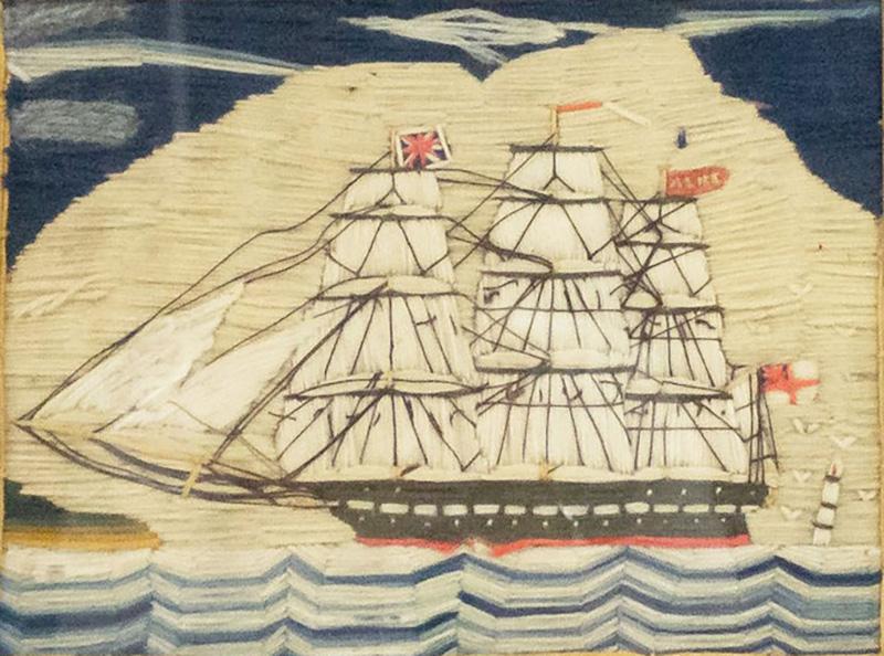 English Victorian Framed Ship Embroidery