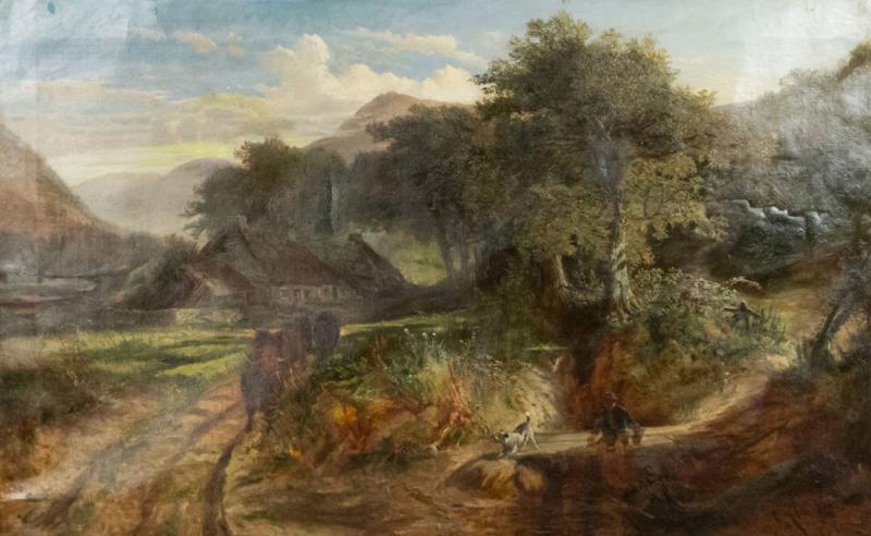 English Victorian Landscape of Boy with Dog and Bulls