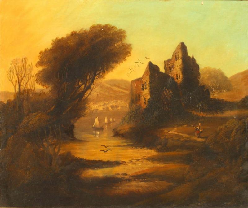English Victorian Landscape of Lady Near a Castle