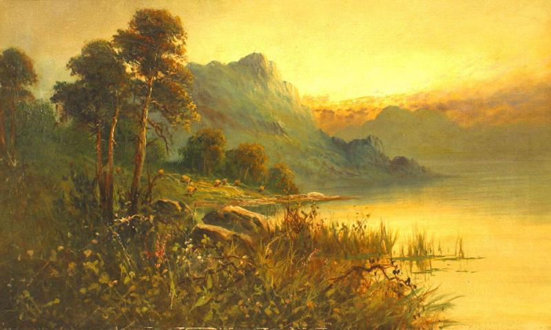English Victorian Landscape of Lake and Mountains