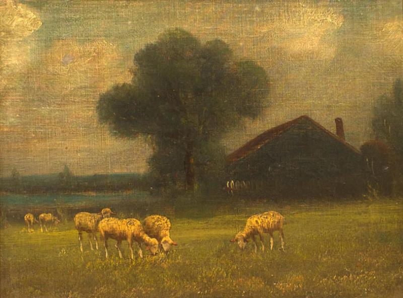 English Victorian Landscape of Sheep Near a House