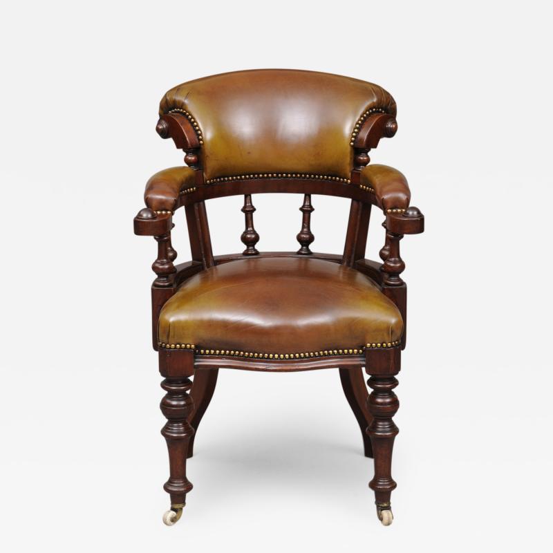 English Victorian Mahogany Leather Desk Chair Circa 1870