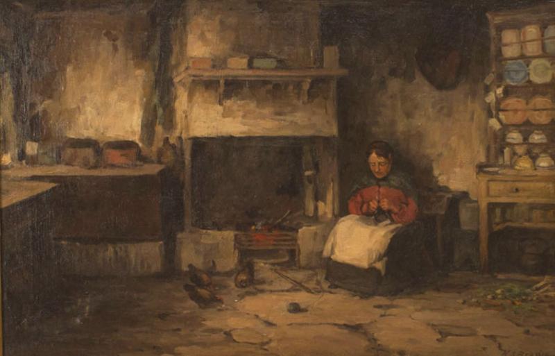 English Victorian Oil Painting of Lady by Fireplace