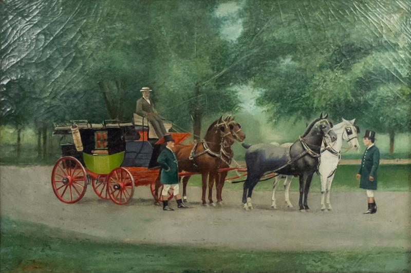 English Victorian Oil Painting of Stage Coach
