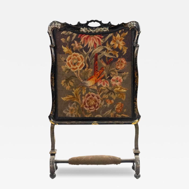 English Victorian Papier Mache Lacquered Fire Screen