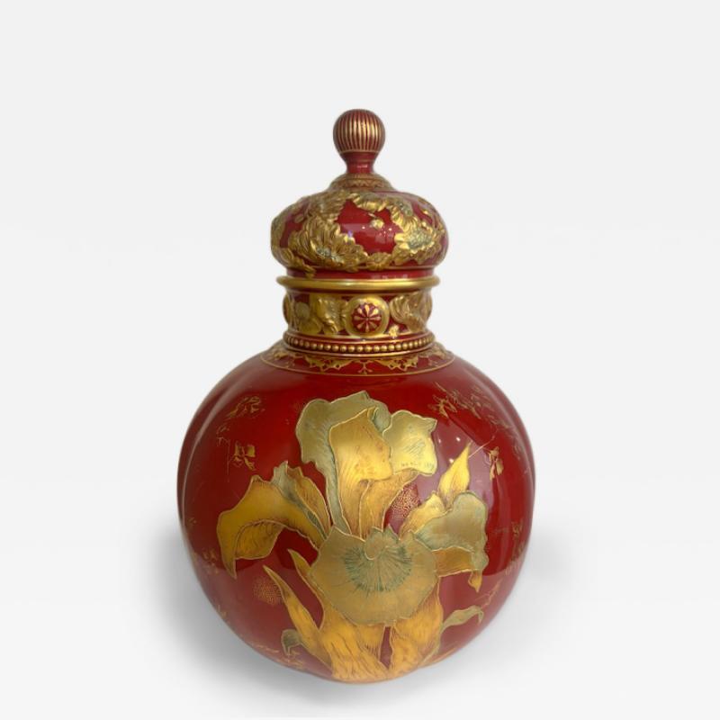English Victorian Royal Crown Darby red porcelain spherical shaped cover urn
