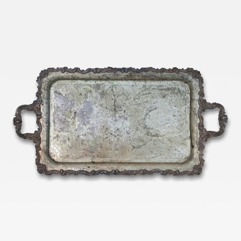 English Victorian Silver Plate Engraved Serving Tray with Patina
