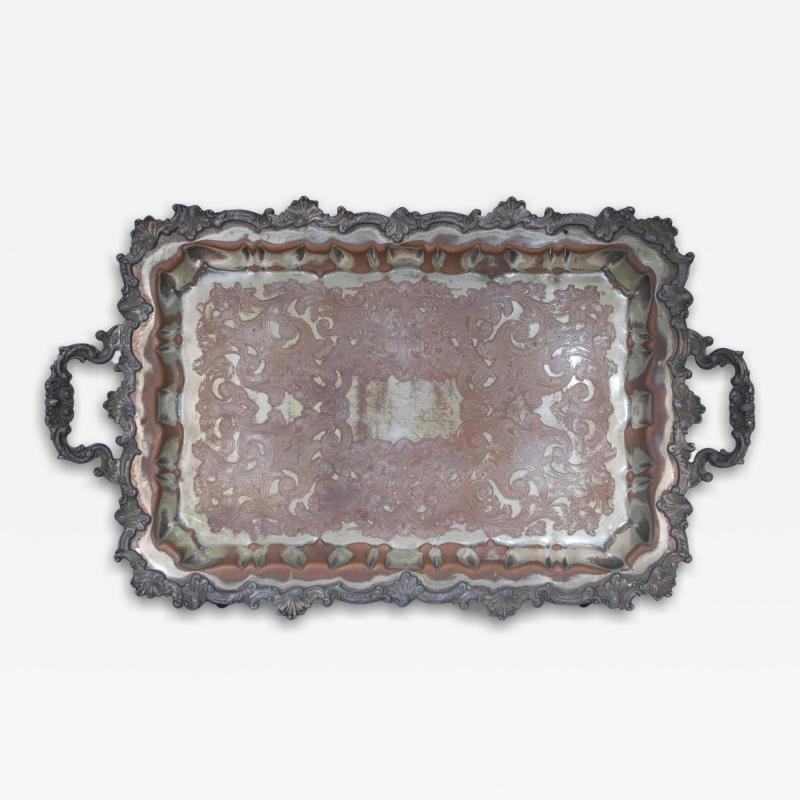 English Victorian Silver Plate and Patina Ornate Serving Tray