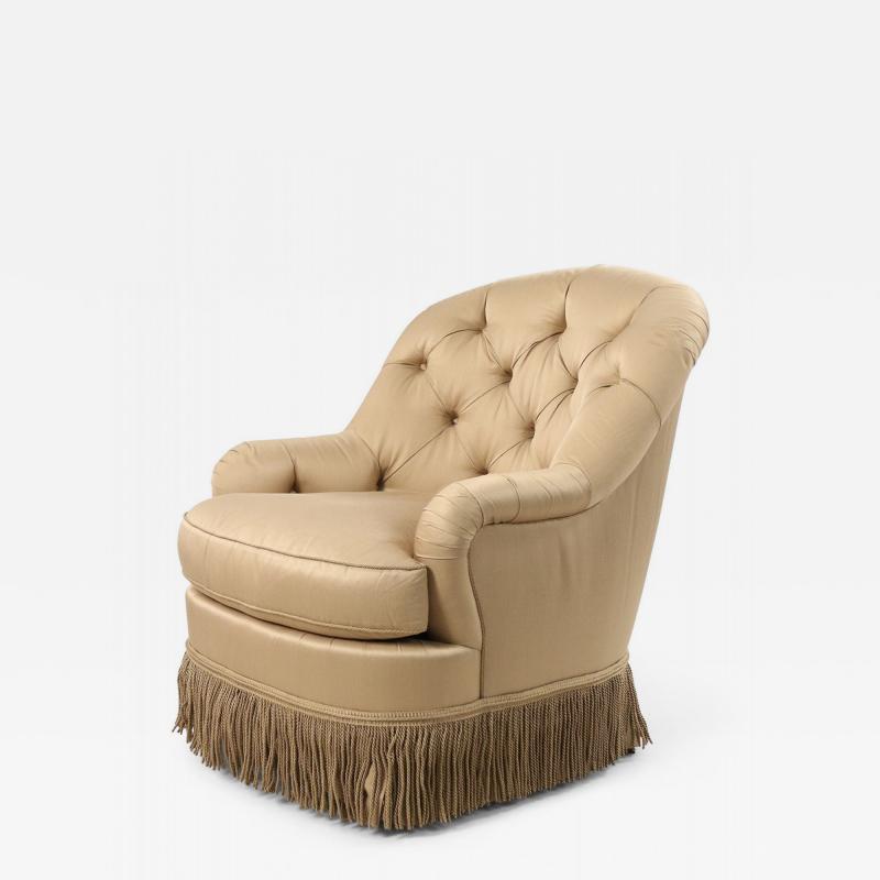 English Victorian Style Beige Tufted Fringed Tub Armchair