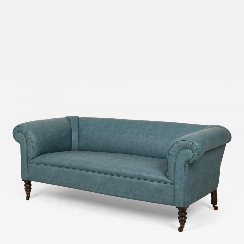 English Victorian Style Blue Gray Textured Vinyl Upholstered Sofa manner of How