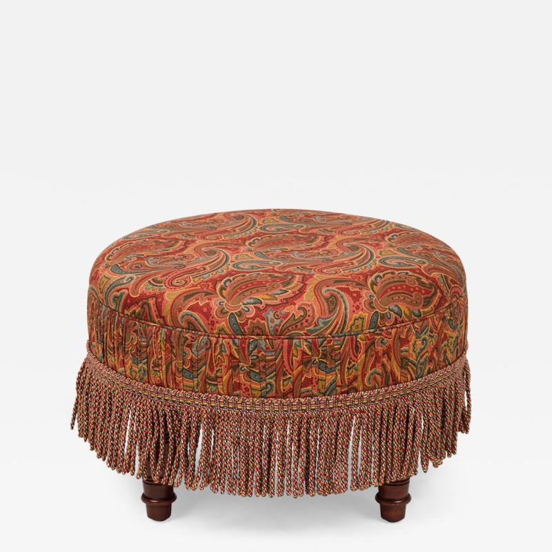 English Victorian Style Red and Blue Paisley Upholstered Circular Ottoman