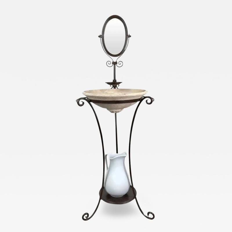English Victorian Wrought Iron Wash Stand with Oval Mirror Basin and Pitcher