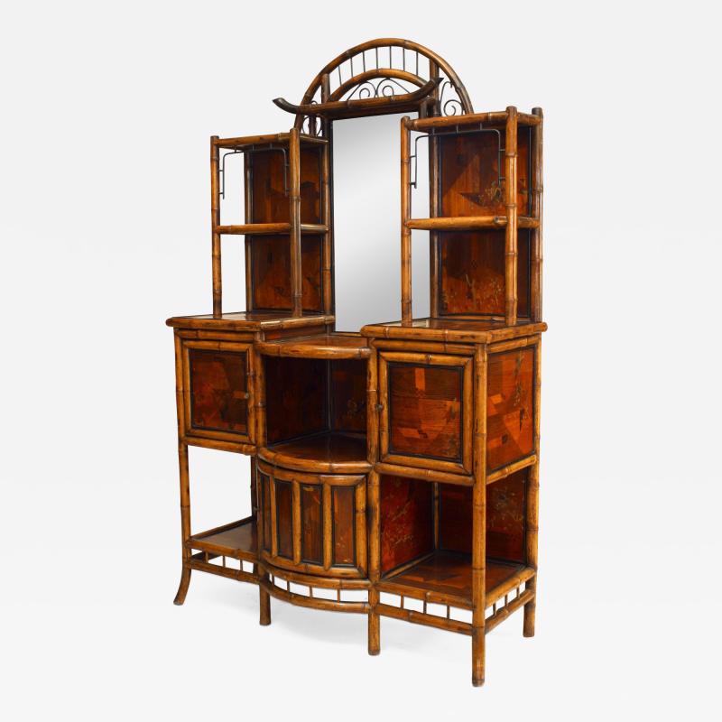 English Victorian bamboo and lacquer trimmed inlaid bow front etagere
