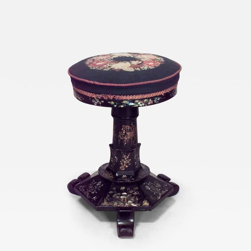 English Victorian papier mach pearl inlaid black lacquered round swivel stool