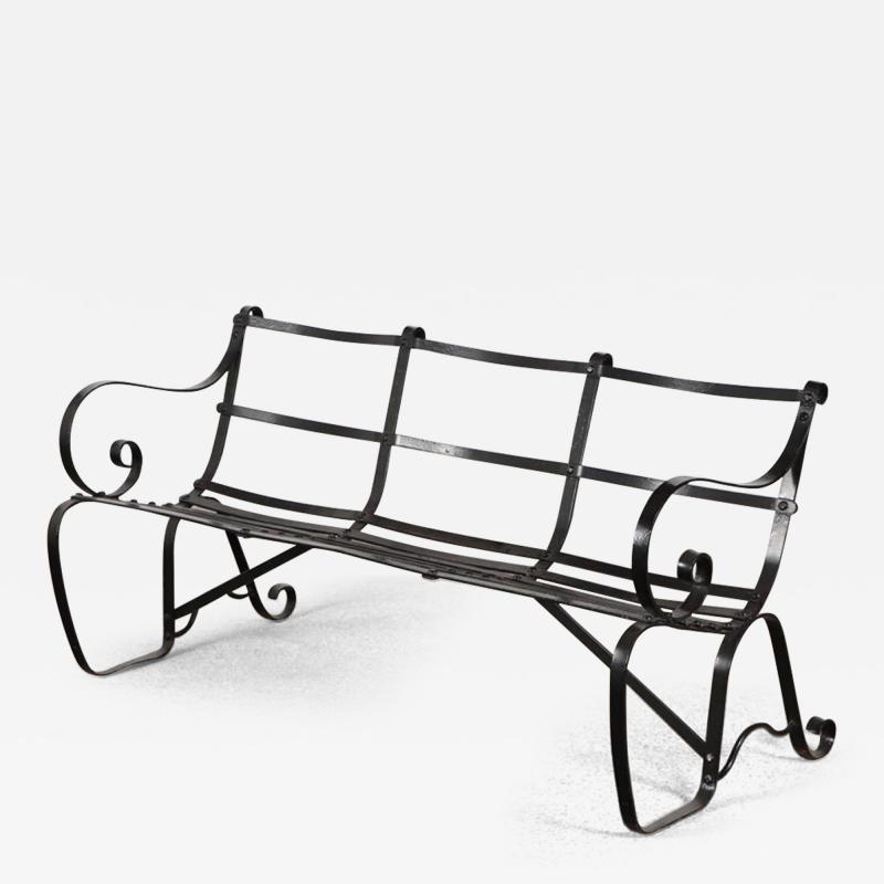 English regency style painted wrought iron strap work garden bench C 1930