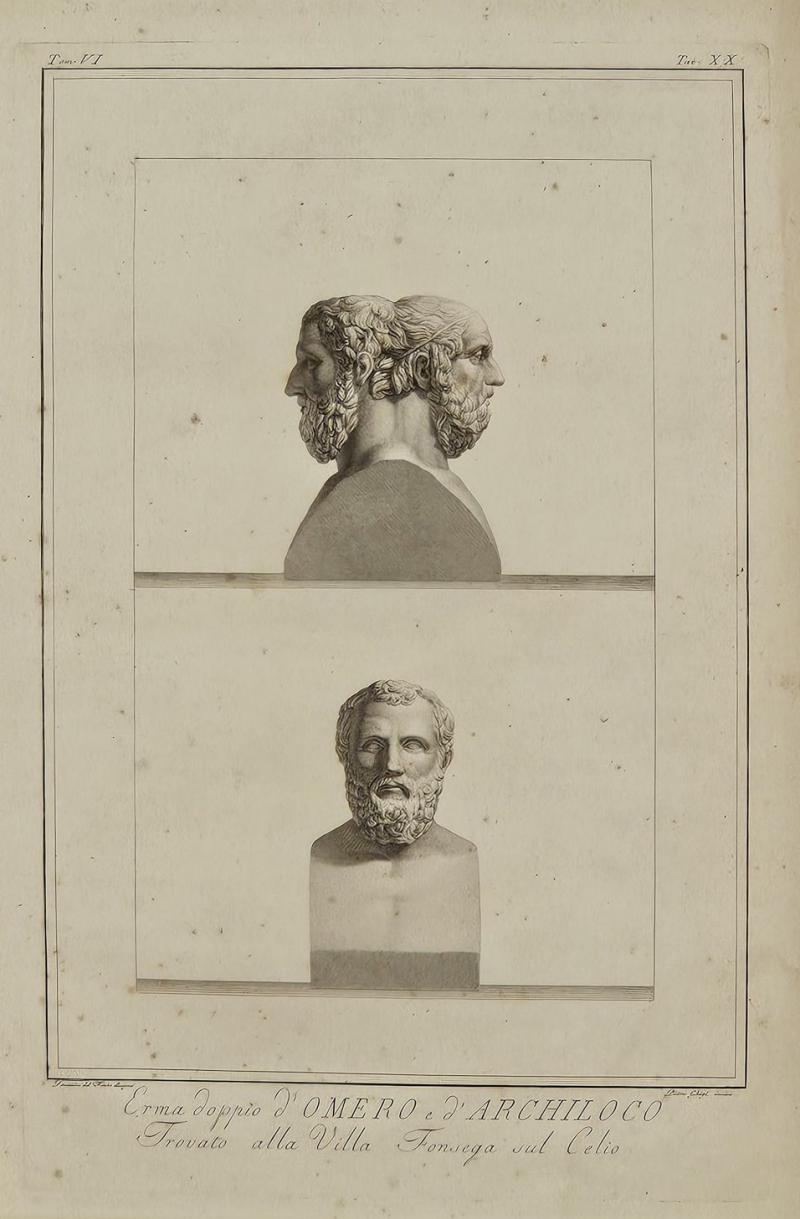 Engraving of Bust of Homer and Archilochus Italy circa 1800