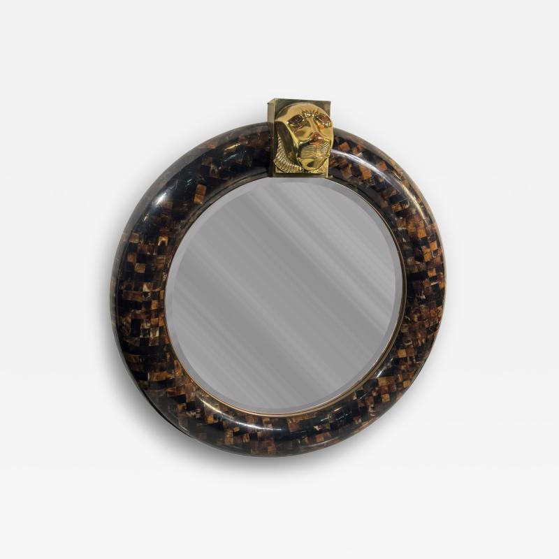 Enrique Garcel MAGNIFICIENT ROUND TESSELATED HORN MIRROR SCULPTURAL BRASS COPPER LION HEAD