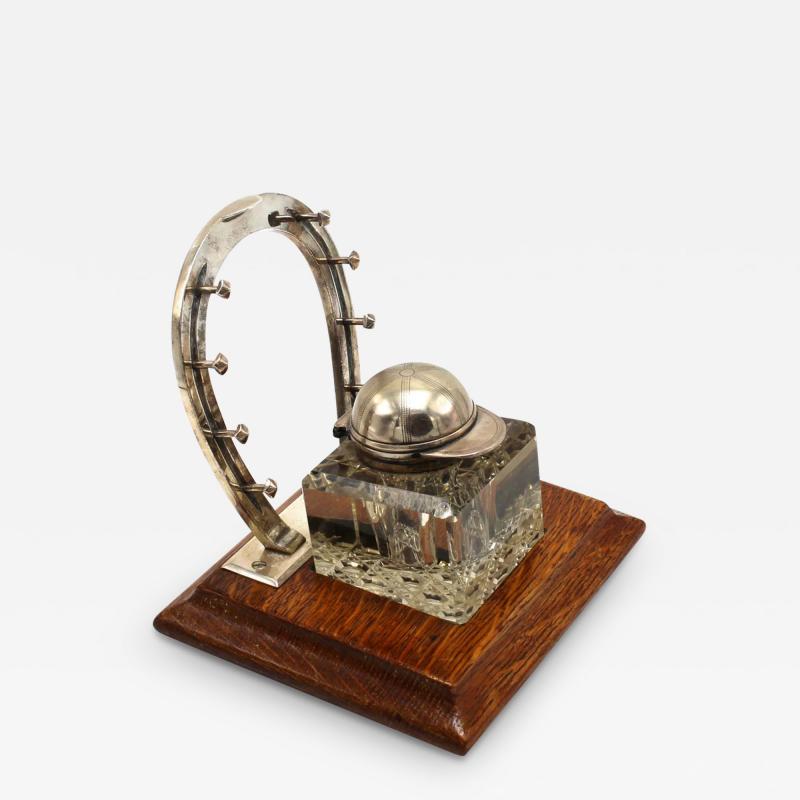 Equestrian Themed Silver Plated Ink Well and Pen Stand on Oak Base Circa 1890