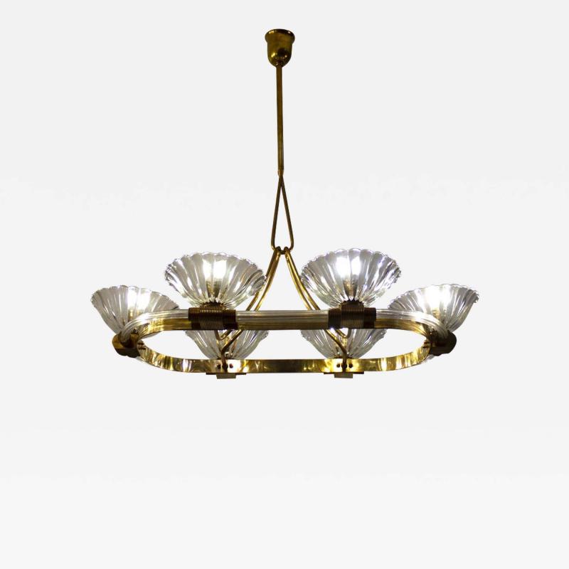 Ercole Barovier Art Deco Oval Shape Brass and Murano Glass Chandelier by Ercole Barovier 1940