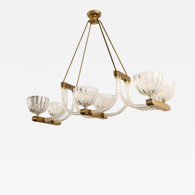 Ercole Barovier Elegant French Art Deco Chandelier in Brass and Braided Glass