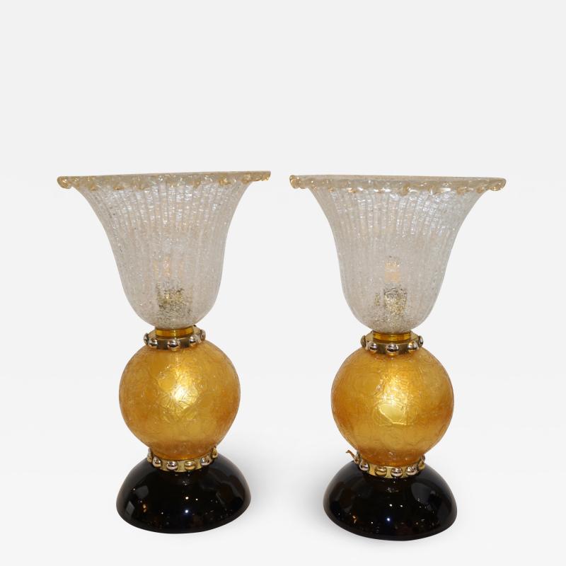 Ercole Barovier Italian Art Deco Style Gold Black Lamps with Barovier Crystal Murano Glass Shade