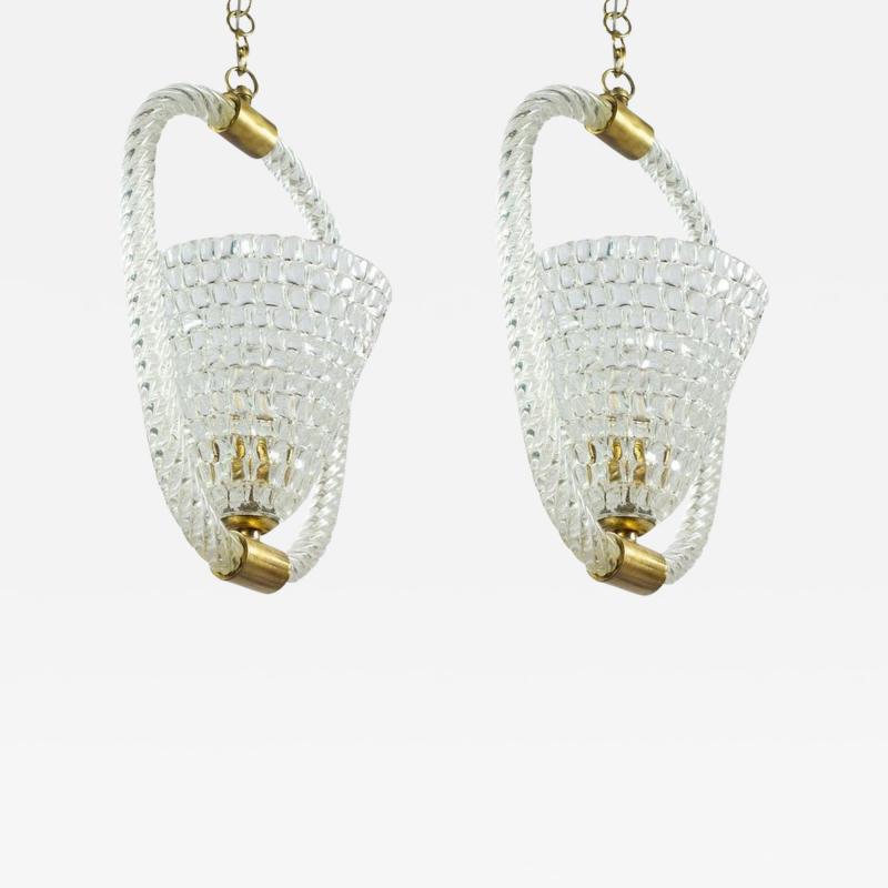 Ercole Barovier Pair of Art Deco Murano Glass and Brass Pendants or Lanterns by Ercole Barovier