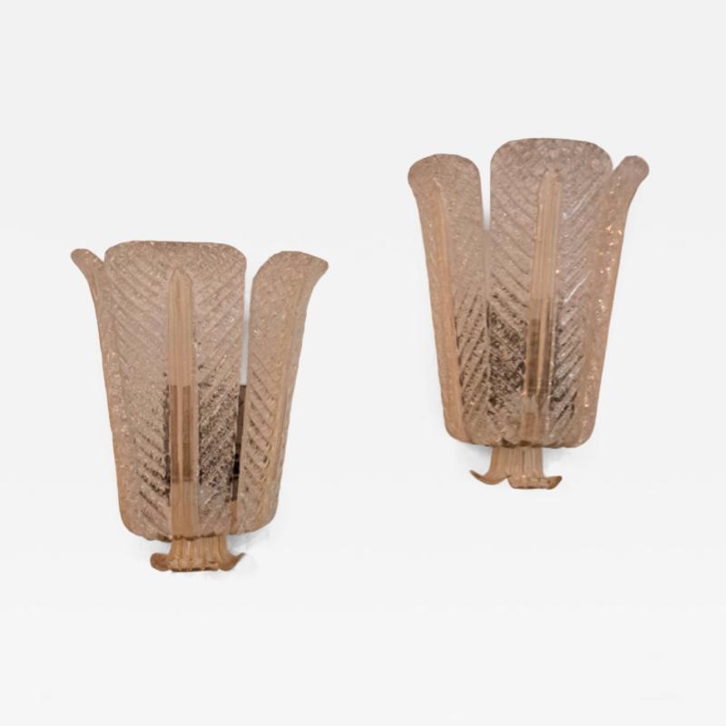 Ercole Barovier Rare Pair of Three Leaf Murano Glass Sconces Gold Inclusions by Ercole Barovier