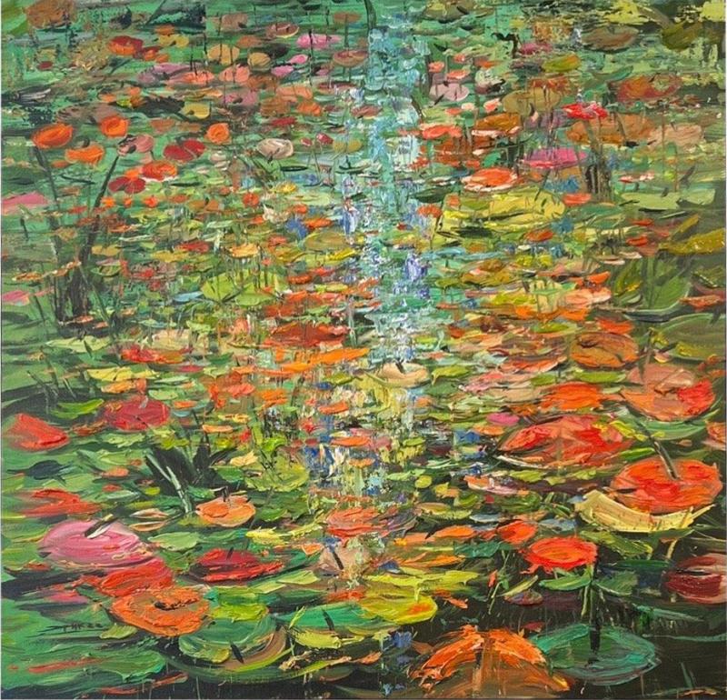 Eric Alfaro Contemporary Pond Garden Painting by Eric Alfaro titled Clear Waters 
