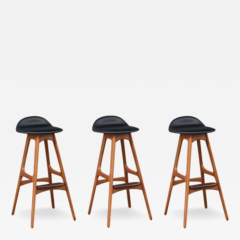 Erik Buch Danish Modern Teak Black Leather Bar Stools by Erik Buch