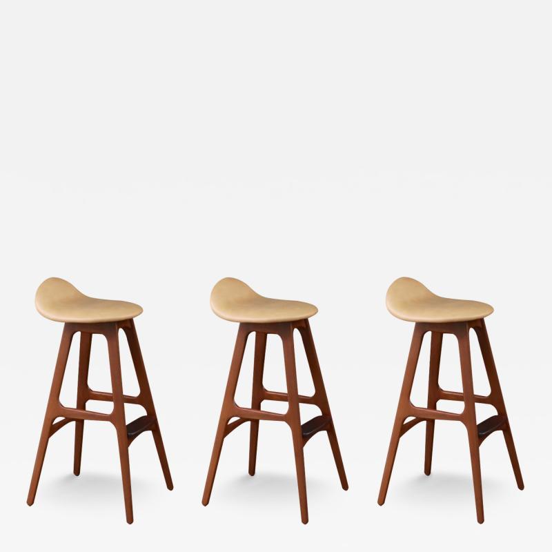 Erik Buch Danish Modern Teak Tan Leather Bar Stools by Erik Buch