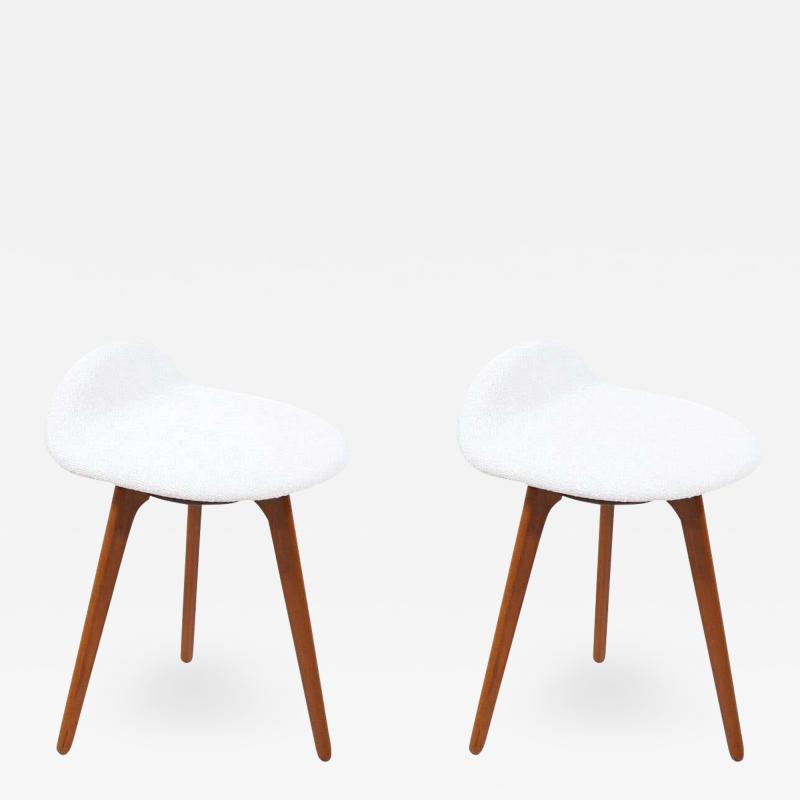 Erik Buch Danish Modern Teak Wool Boucle Stools by Erik Buch