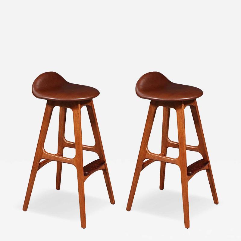 Erik Buch Erik Buch Teak Cognac Leather Bar Stools for Oddense Maskinsnedkeri