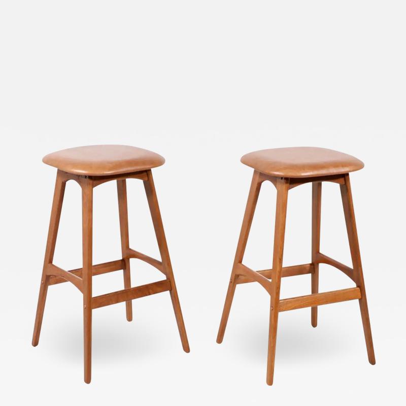 Erik Buch Pair of Erik Buch Teak Tan Leather Bar Stools