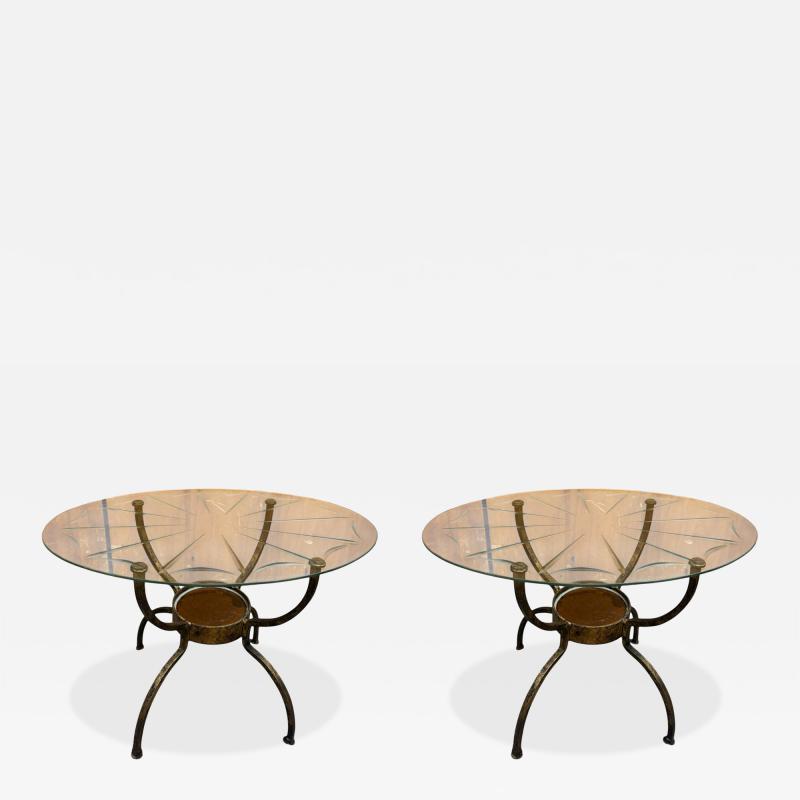 Erik H glund MID CENTURY IRON LOW SIDE TABLES GLASS ETCHED TOPS STYLE OF ERIK HOGLUND
