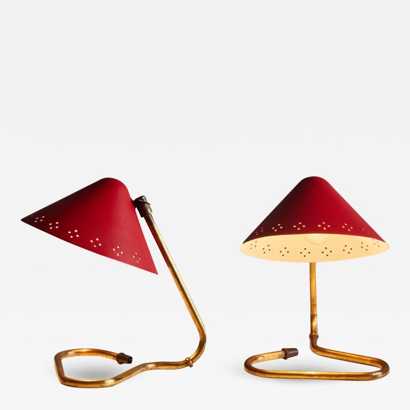 Erik W rn Pair of 1950s Erik Warna GK14 Red and Brass Perforated Shade Table Lamps