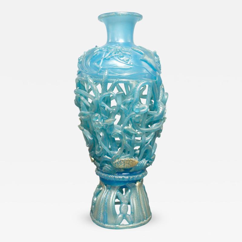 Ermanno Nason Ermanno Nason Hand Blown Vase in Opalescent Blue Glass Gold Overlay 1967