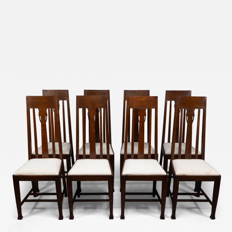 Ernest Archibald Taylor Set of Eight Arts Crafts Glasgow School Oak Dining Chairs with Tulip Details