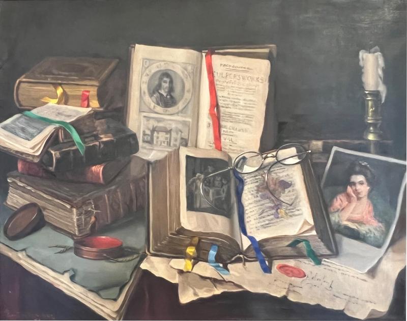 Ernest De Nagy TROMPE LOEIL ANTIQUE BOOKS CANDLE STILL LIFE PAINTING BY ERNEST DE NAGY
