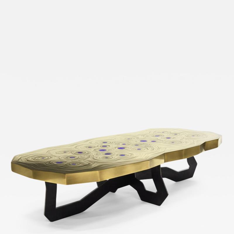 Erwan Boulloud Roeco Coffee Table in Brass Black Steel with Inlaid Lapis Lazuli by Atelier Eb