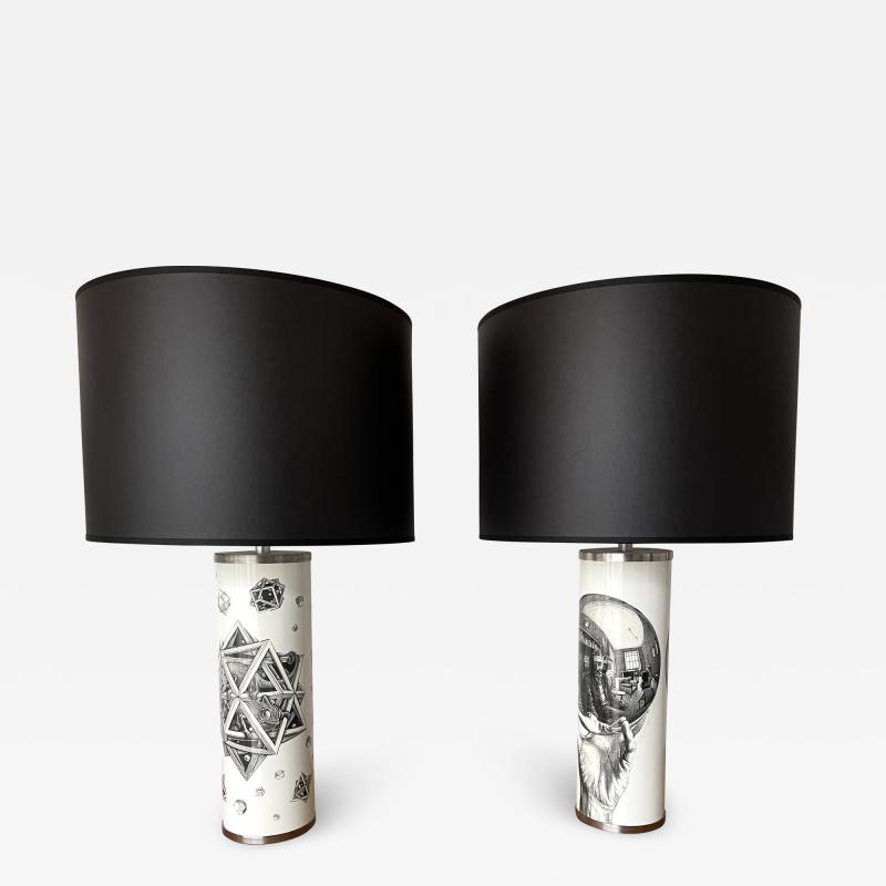 Escher Pair of Lamps Black and White MC Maurits Cornelis Escher Italy 1980s