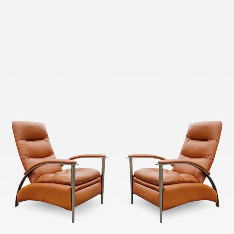 Ethan Allen Milo Baughman Style Pair Orange Leather Steel Recliners Loungers by Ethan Allen