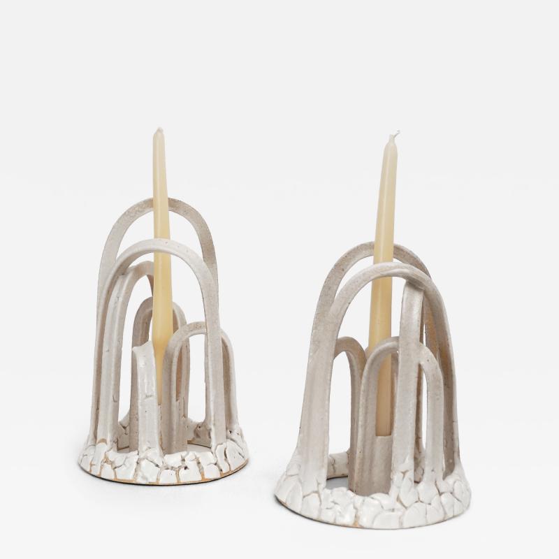 Etienne Dubernet KANDELA Pair of white glazed ceramic candle holders