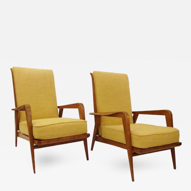 Etienne Henri Martin Pair of Modernist Reclining Lounge Chairs in Oak by Etienne Henri Martin