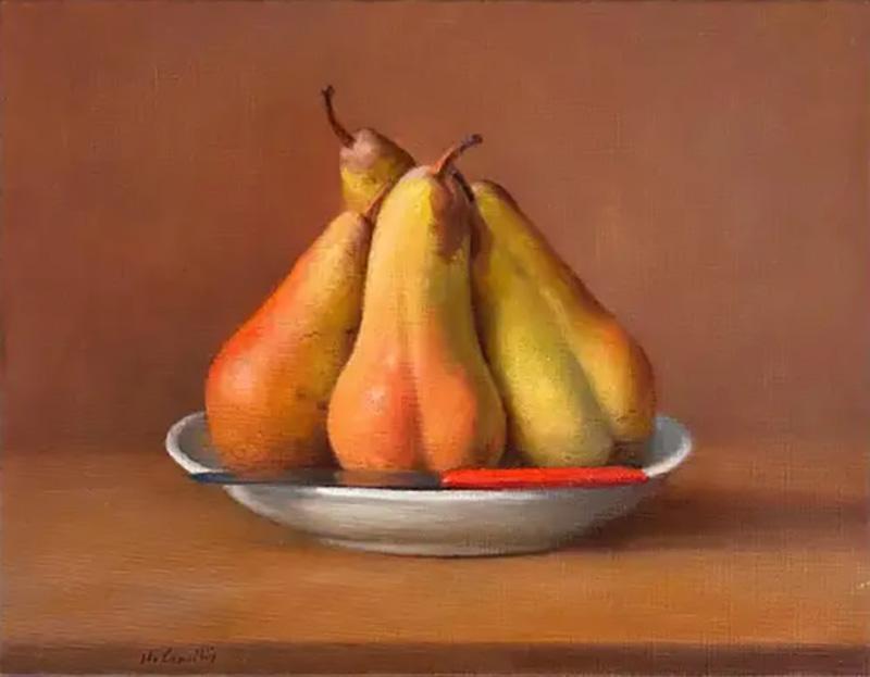 Ettore De Conciliis Italian Ettore de Conciliis Oil on Linen Painting Titled Pear and Knife 