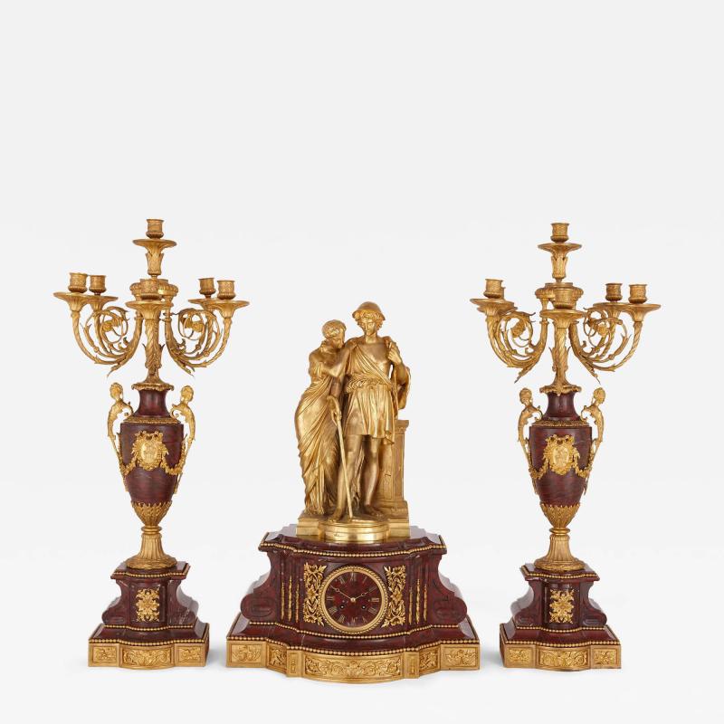 Eugene Aizelin Louis XVI style ormolu and rouge griotte marble clock set