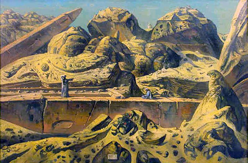 Eugene Berman Aswan Desert Landscape with Two Obelisks