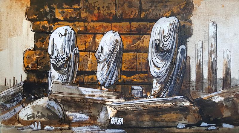 Eugene Berman Leptis Magnus Three Headless Draped Statues Against a Wall