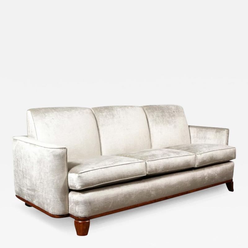 Eugene Schoen Art Deco Platinum Velvet Sofa w Walnut Base Legs by Eugene Schoen