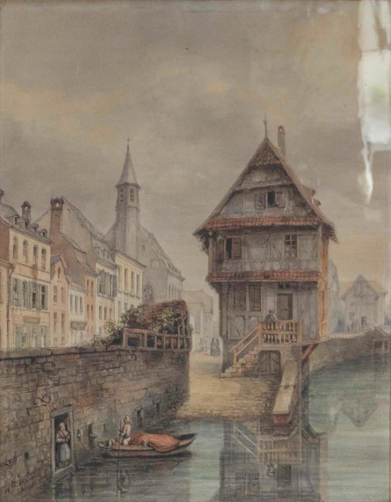 European Canal Townscape with Half Timbered Architecture Oil Painting