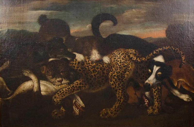 European Oil On Canvas Of A Leopard Being Attacked By Dogs